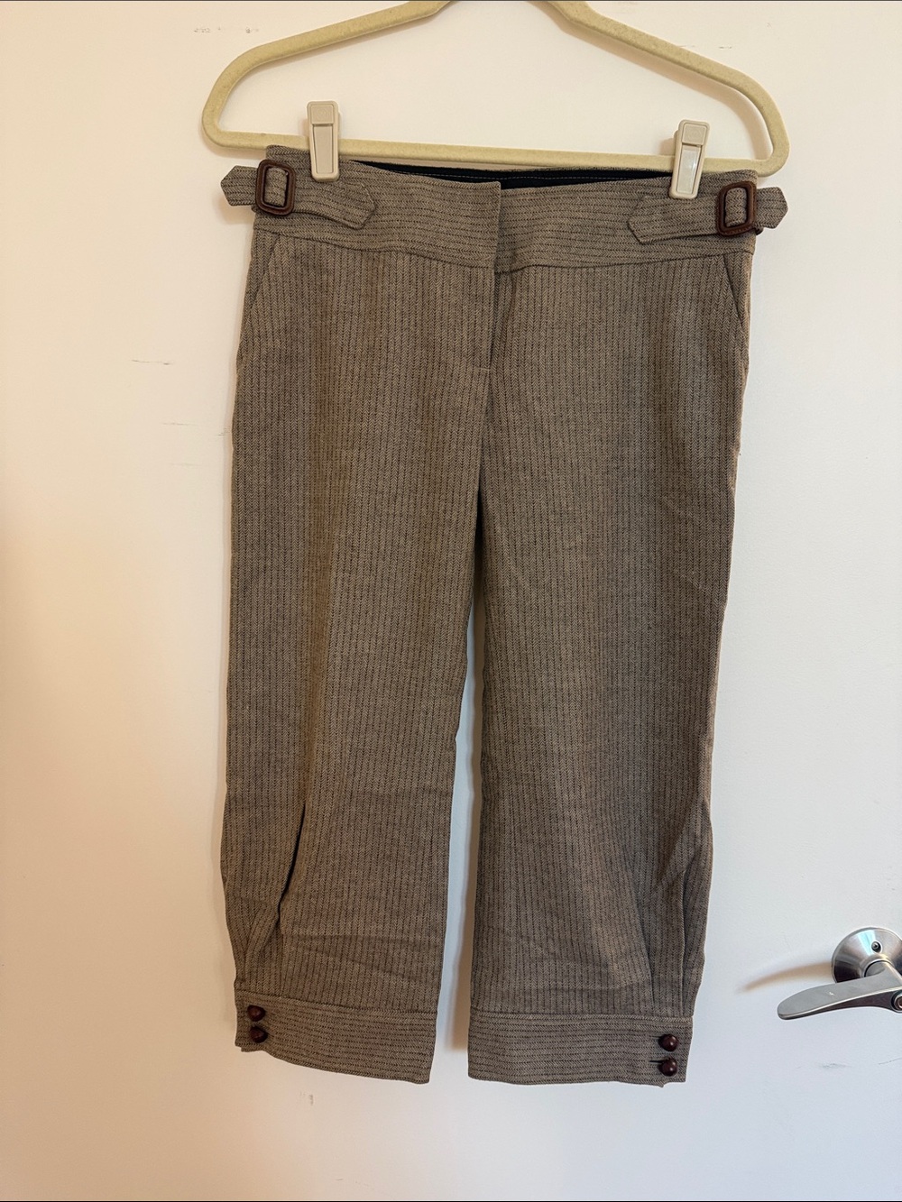 Raven Women's Brown Pinstripe Cropped Pants in wheat n brown herringbone wool.